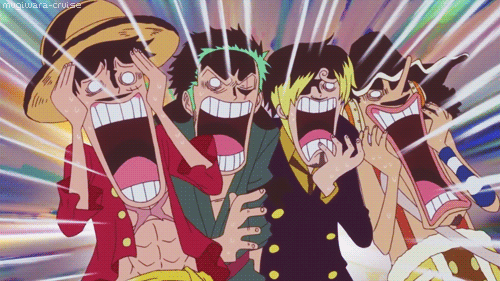 Gif com Luffy, Zoro, Sanji e Usopp assustados.