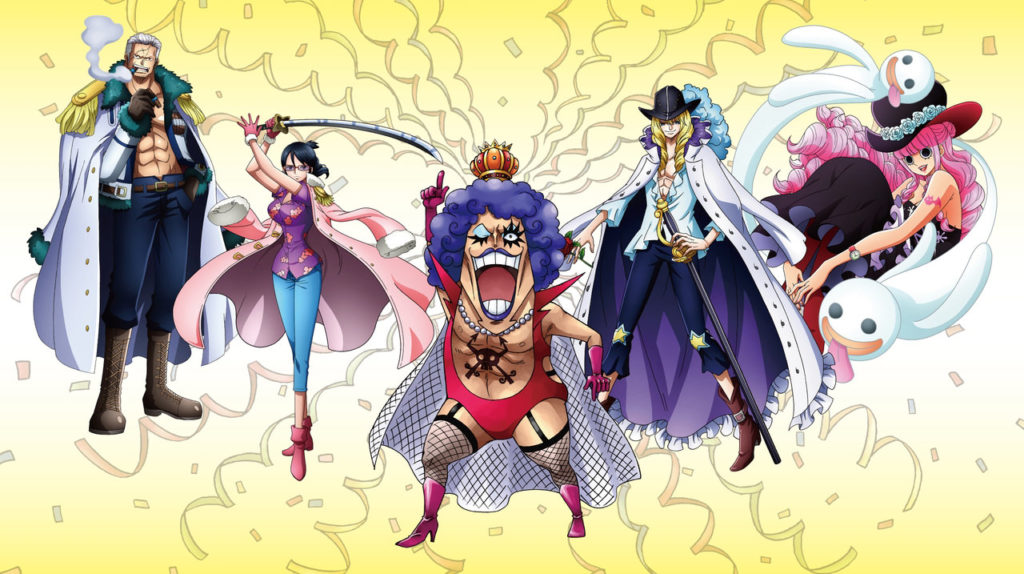 Imagem promocional da chegada de Smoker, Tashigi, Ivankov, Cavendish e Perona à atração One Piece Live Attraction 3 "Phantom"