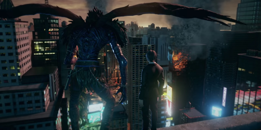 Light e Ryuk, de Death Note, assistem do alto de um prédio a cidade pegar fogo