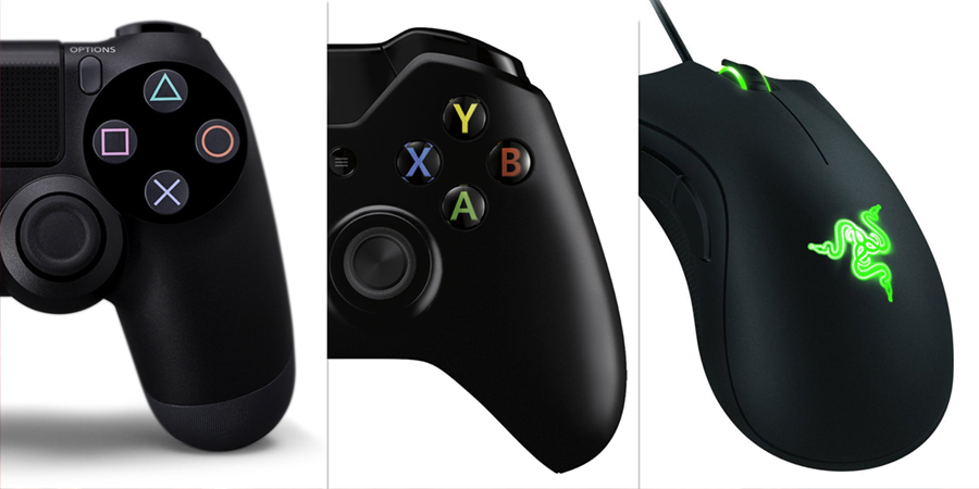 Controles de PS4, Xbox One e um mouse.