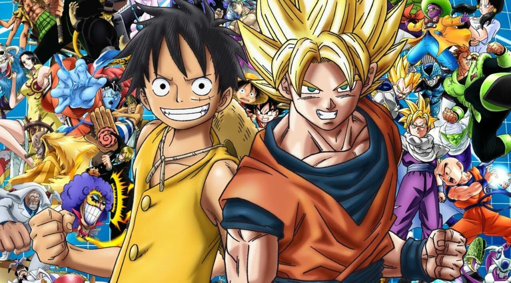 Luffy e Goku a frente, com dezenas de personagens de One Piece e Dragon Ball ao fundo, posando como se fossem se enfrentar.