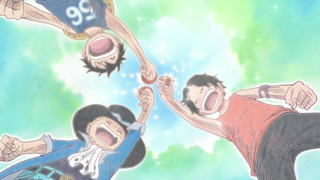 Luffy, Sabo e Ace jurando amizade com o copo de sakê!