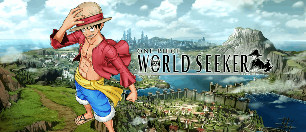 Mapa da ilha de One Piece World Seeker com o Luffy posando a frente