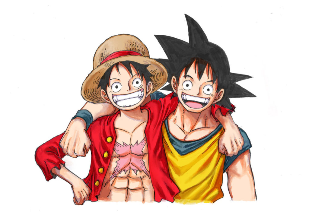 Luffy abraçado com o Goku, celebrando os 50 anos da Jump